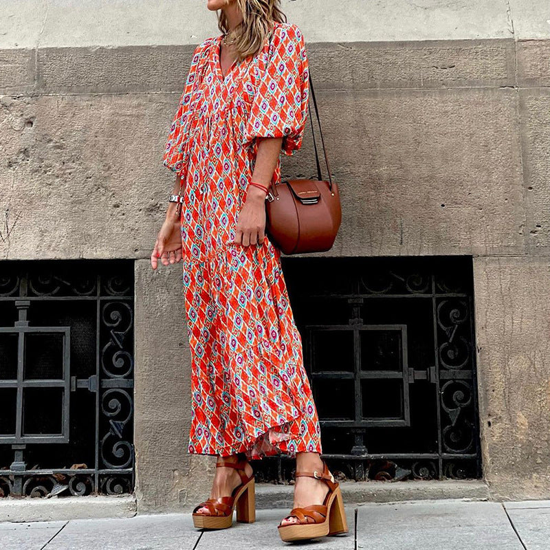 Short-sleeve Mid-length Boho Print Dress