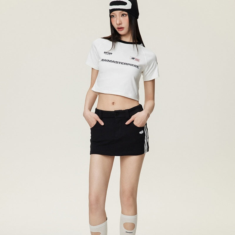 Embroidered Shoulder Short Top For Women High Waist Retro
