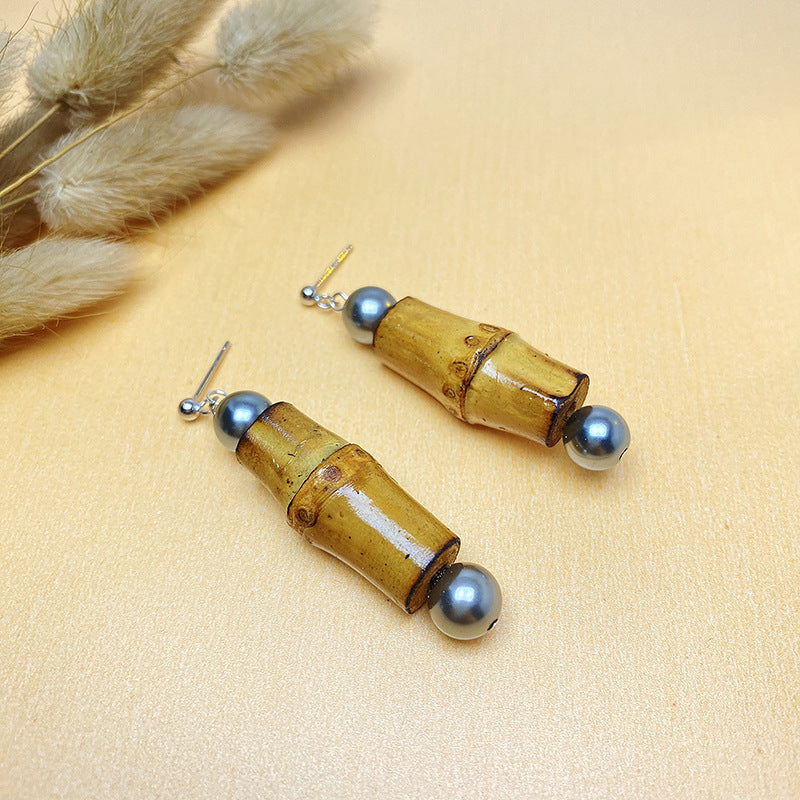 Silver Niche Design Earrings Ethnic Natural Bamboo Joint Female