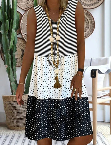 New Print Stitching Sleeveless Midi Dress