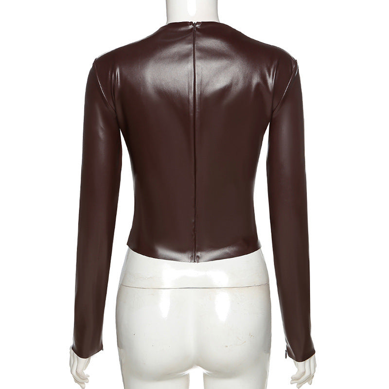 Long-sleeved Round Neck Zipper Faux Leather Solid Color Cardigan