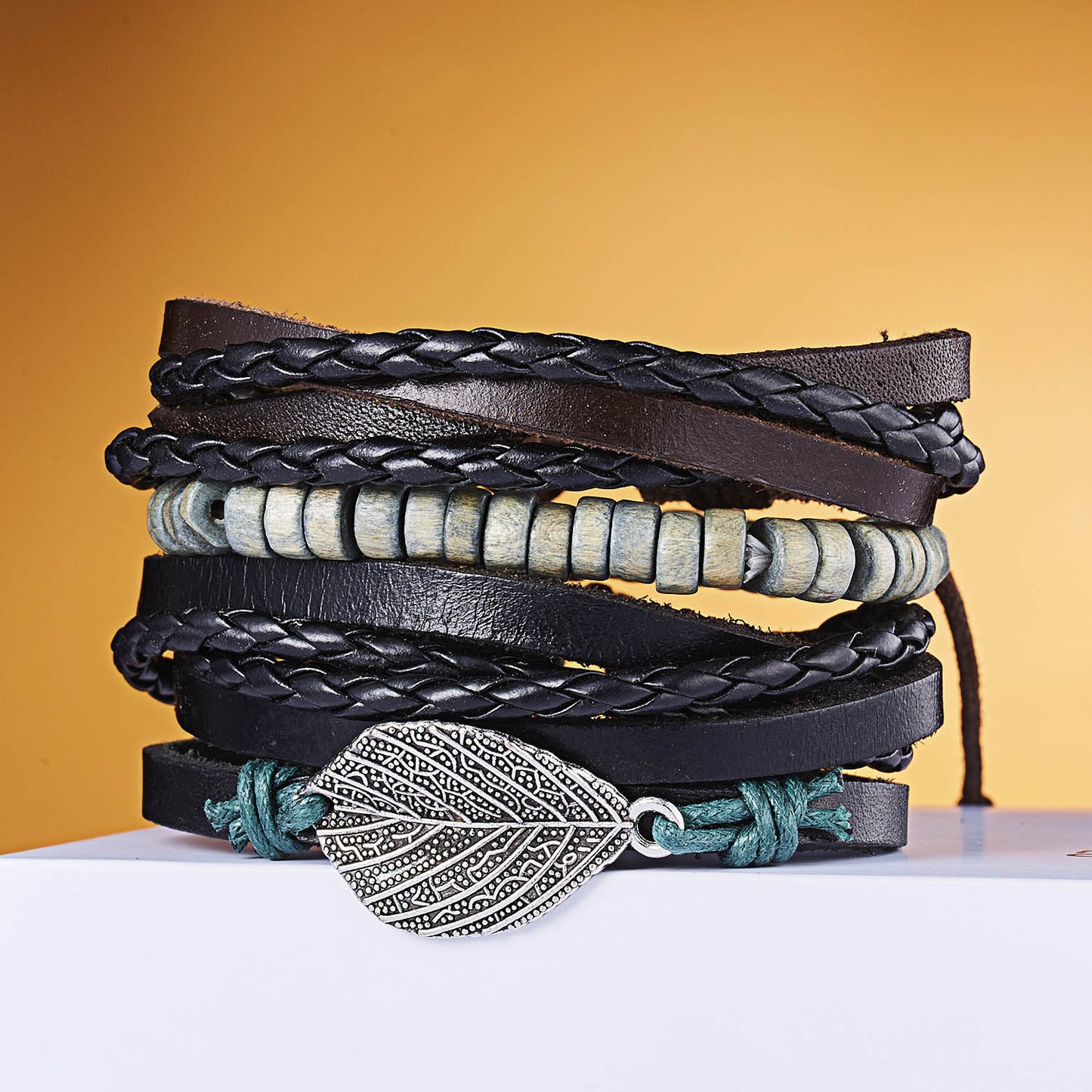 New Men's Leather Suit Creative Leaves Wooden Bead Woven Adjustable Suit Bracelet - Chic Angle