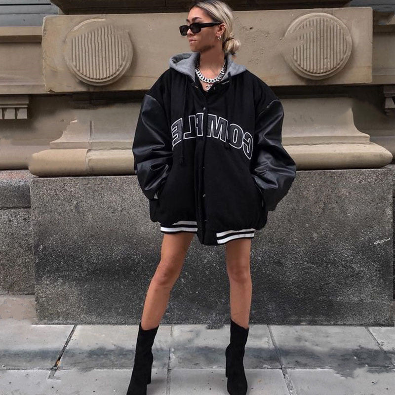 Black Hooded Quilted Baseball Jacket