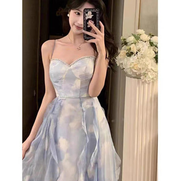 French Blue Strapless Sling Dress Seaside Vacation Draping Effect