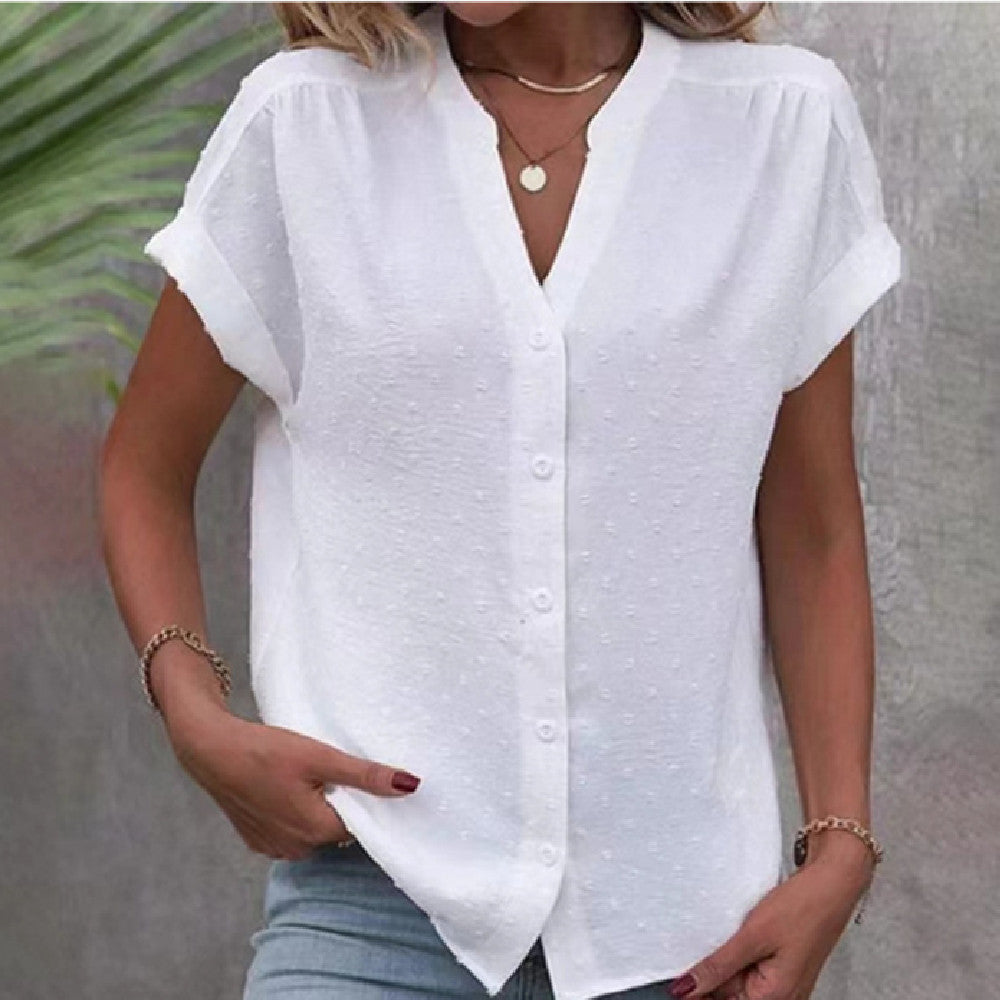 Solid Color Jacquard V-neck Buttons Women's Shirt