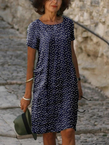 Printed Short Sleeve Round Neck Pullover Midi Dress