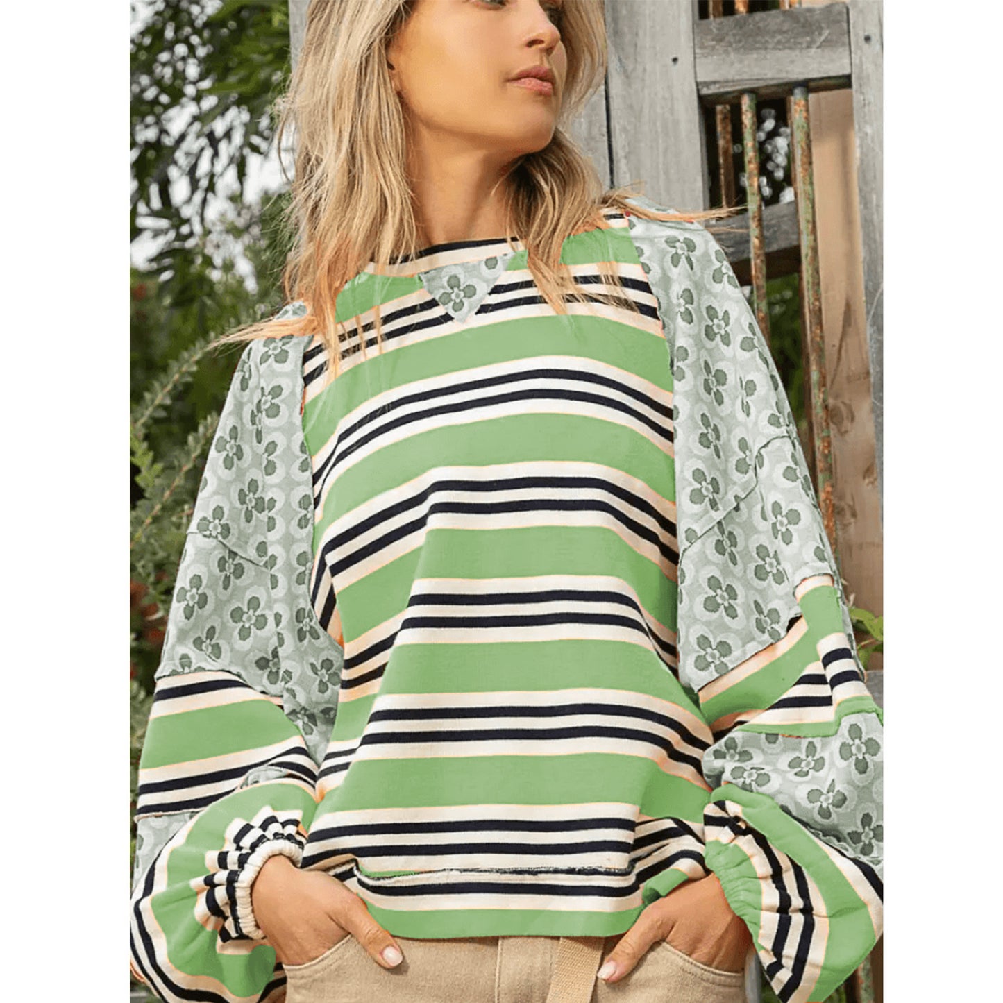 Women's Color Matching Printed Top Loose Long Sleeve