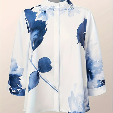Flower Plant Print Stand Collar Long-sleeved Shirt