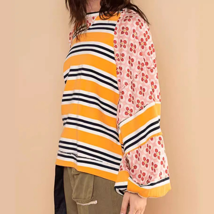 Women's Color Matching Printed Top Loose Long Sleeve