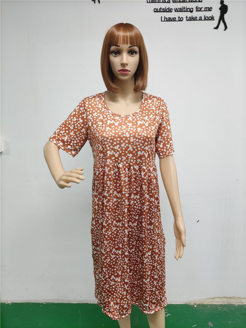 Round Neck Short Sleeve Floral Midi Dress