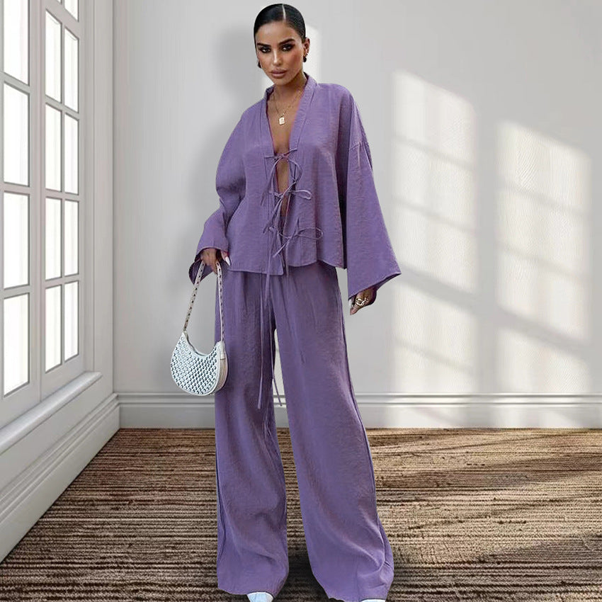 Lace-up Top And Trousers Pajamas Women's Loose Homewear - Chic Angle