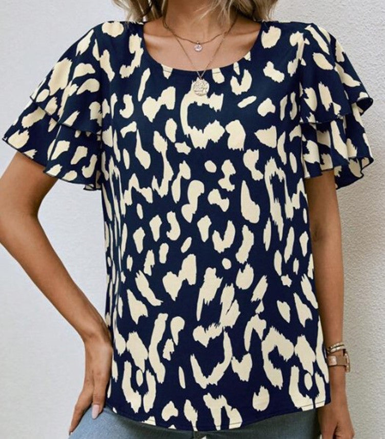Pullover Round Neck Printed Loose Casual Short Sleeve - Chic Angle
