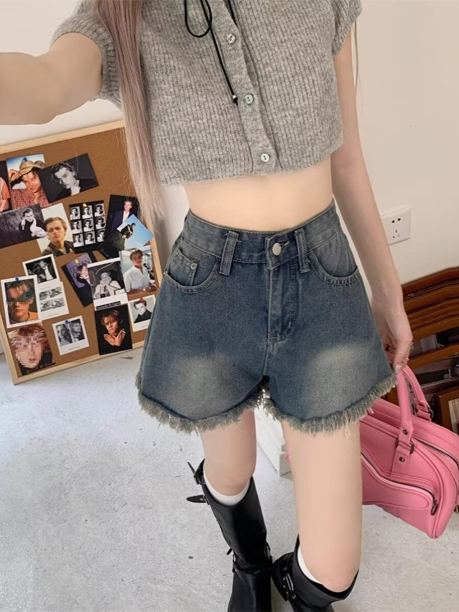 American Style Fringed Burr Denim Shorts Slimming And Wide Leg High Waist Loose - Chic Angle