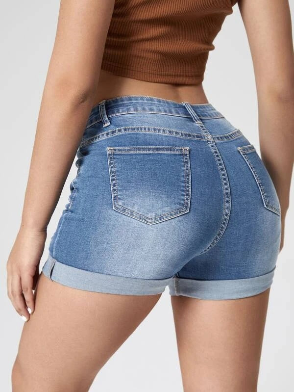Women's Fashion Holes Curling High Elastic High Waist Denim Shorts - Chic Angle