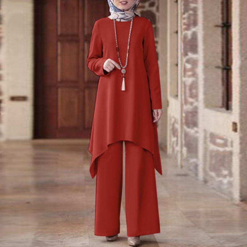 Wear Middle East Solid Color Round Neck Pullover Midi Skirt - Chic Angle