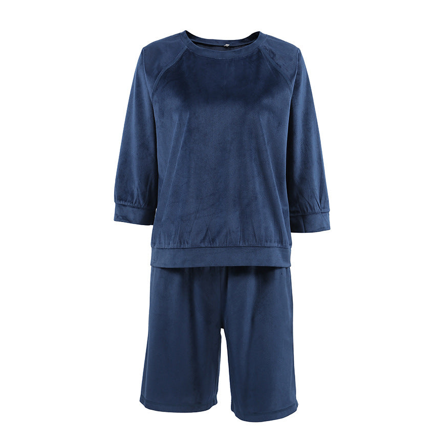 Blue Velvet Warm Three-quarter Sleeve Shorts Two-piece Set For Women - Chic Angle