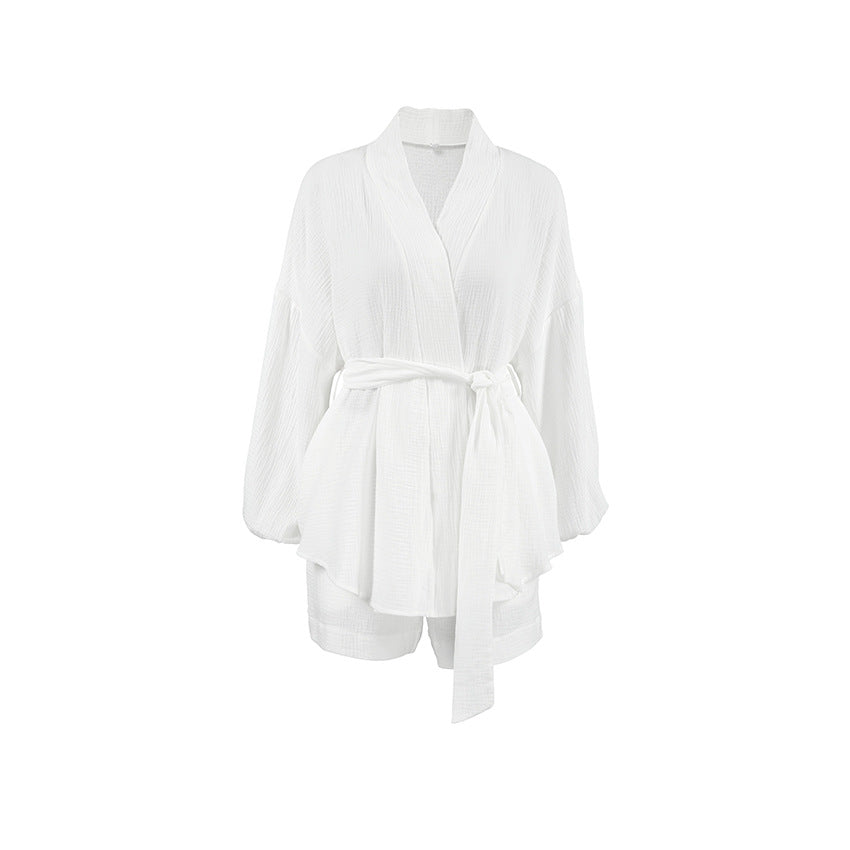 Bubble Wrinkle Cotton Women's Long-sleeved Nightgown Shorts Two-piece Set - Chic Angle