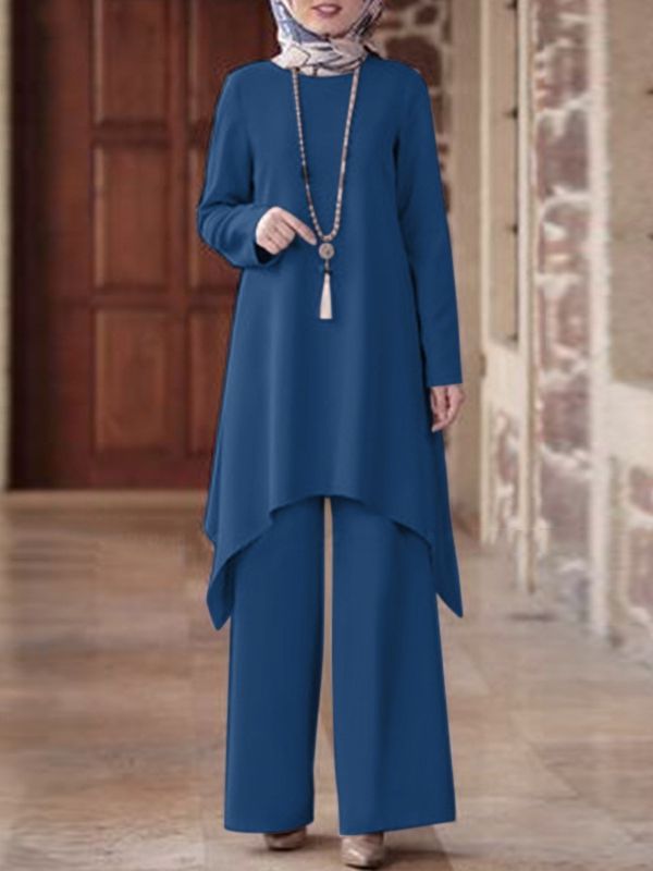 Wear Middle East Solid Color Round Neck Pullover Midi Skirt - Chic Angle
