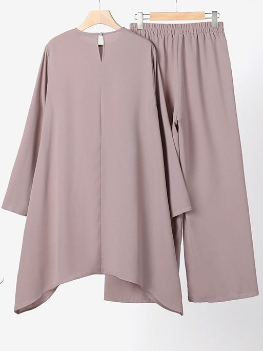 Wear Middle East Solid Color Round Neck Pullover Midi Skirt - Chic Angle