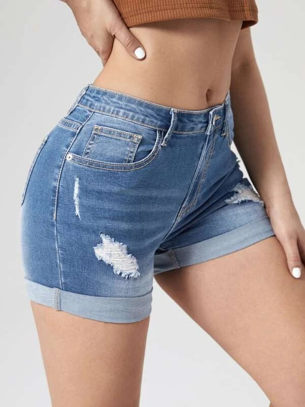 Women's Fashion Holes Curling High Elastic High Waist Denim Shorts - Chic Angle