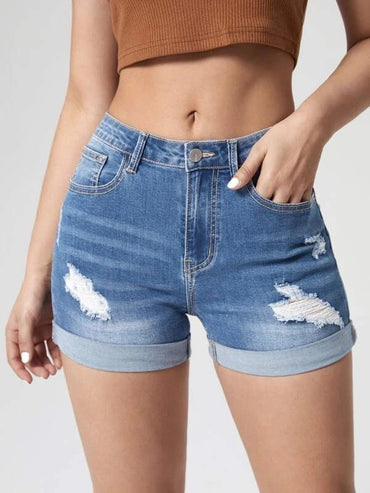 Women's Fashion Holes Curling High Elastic High Waist Denim Shorts - Chic Angle