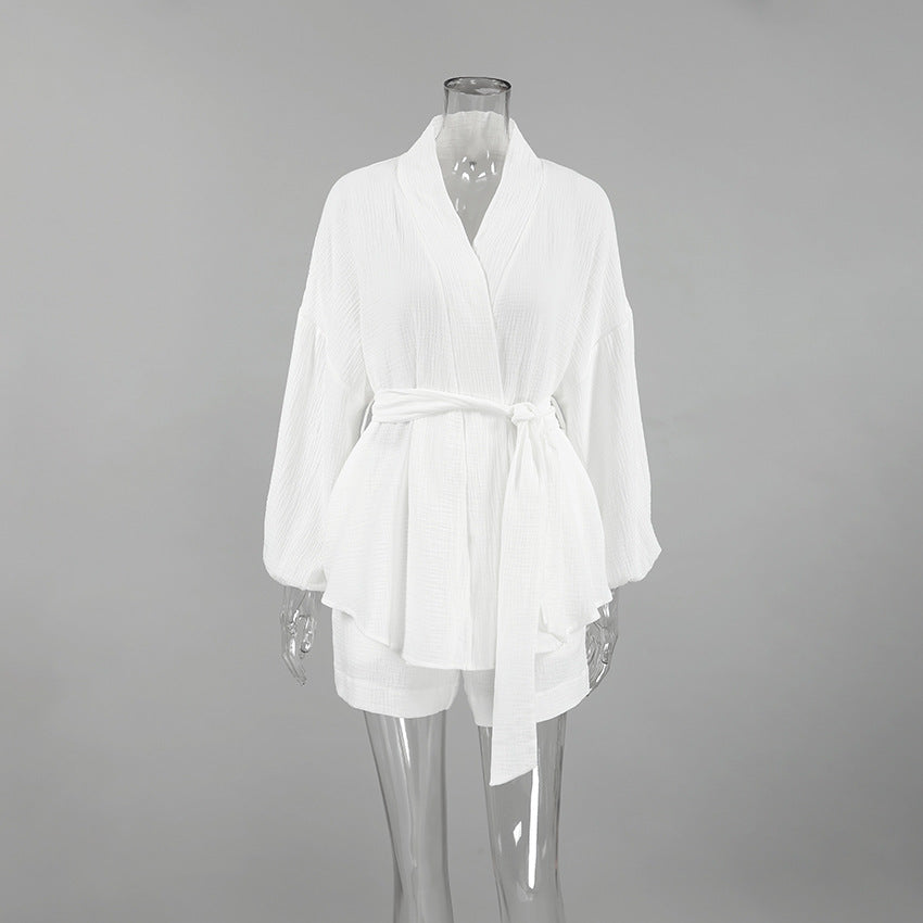 Bubble Wrinkle Cotton Women's Long-sleeved Nightgown Shorts Two-piece Set - Chic Angle