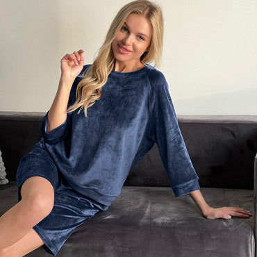 Blue Velvet Warm Three-quarter Sleeve Shorts Two-piece Set For Women - Chic Angle