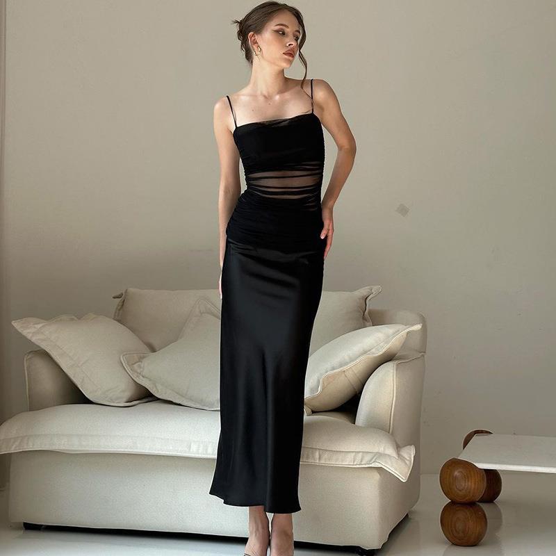 European And American Style Design Sense Temperament Mesh Satin Stitching Fake Two-piece Suspender Dress - Chic Angle