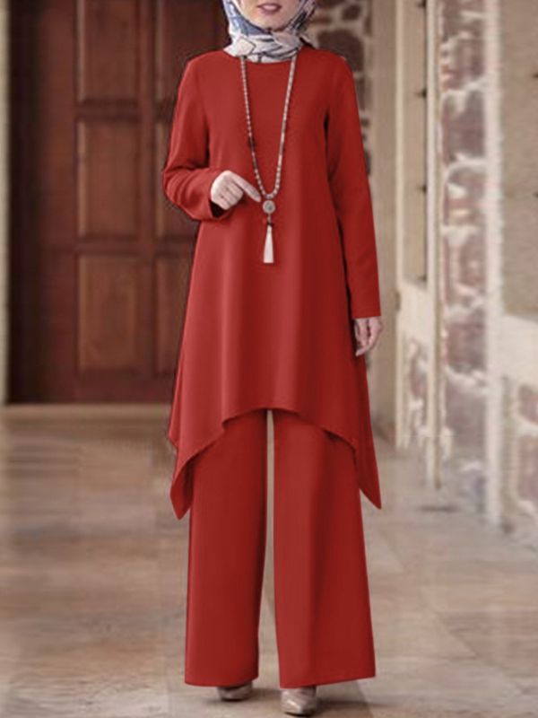 Wear Middle East Solid Color Round Neck Pullover Midi Skirt - Chic Angle