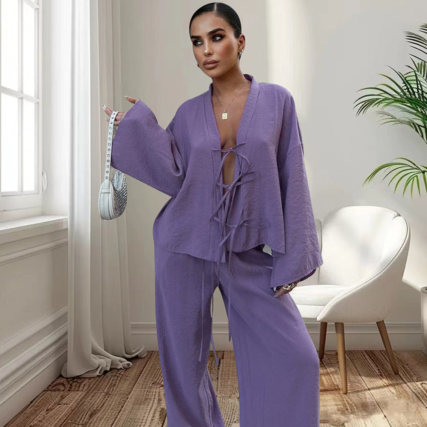 Lace-up Top And Trousers Pajamas Women's Loose Homewear - Chic Angle