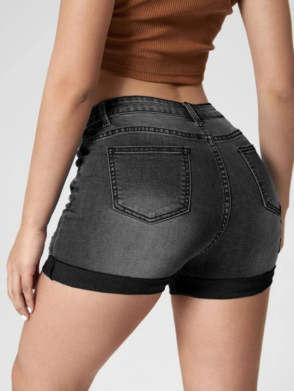 Women's Fashion Holes Curling High Elastic High Waist Denim Shorts - Chic Angle