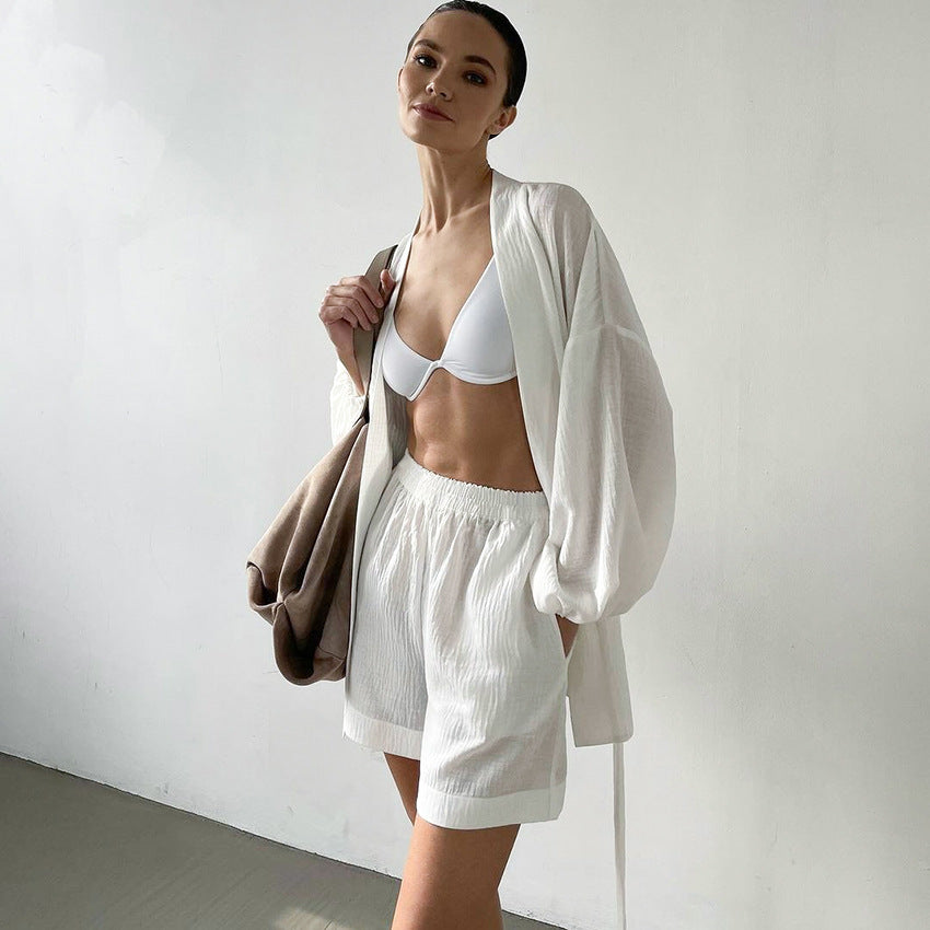 Bubble Wrinkle Cotton Women's Long-sleeved Nightgown Shorts Two-piece Set - Chic Angle