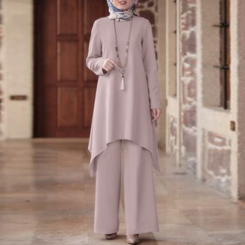 Wear Middle East Solid Color Round Neck Pullover Midi Skirt - Chic Angle