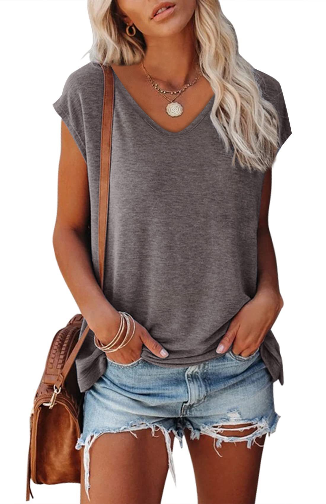 Women's Cap Sleeve V-neck Solid Color Casual Loose-fitting T-shirt - Chic Angle