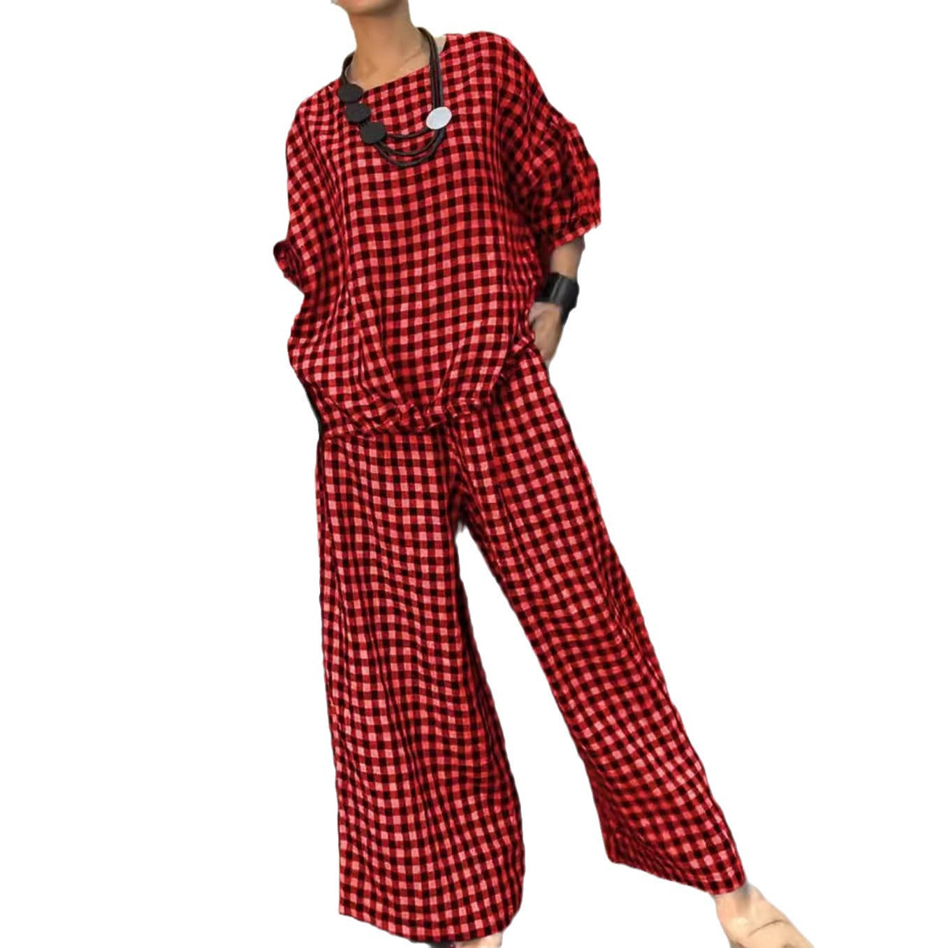 Women's Elastic Drawstring Wide-leg Pants Suit - Chic Angle