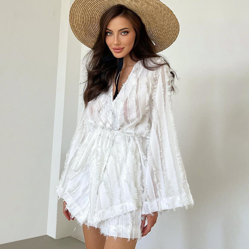 Fashion Feather Long Sleeve Nightgown Shorts Two-piece Set Ladies - Chic Angle