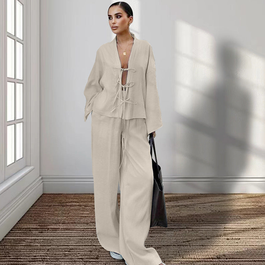 Lace-up Top And Trousers Pajamas Women's Loose Homewear - Chic Angle