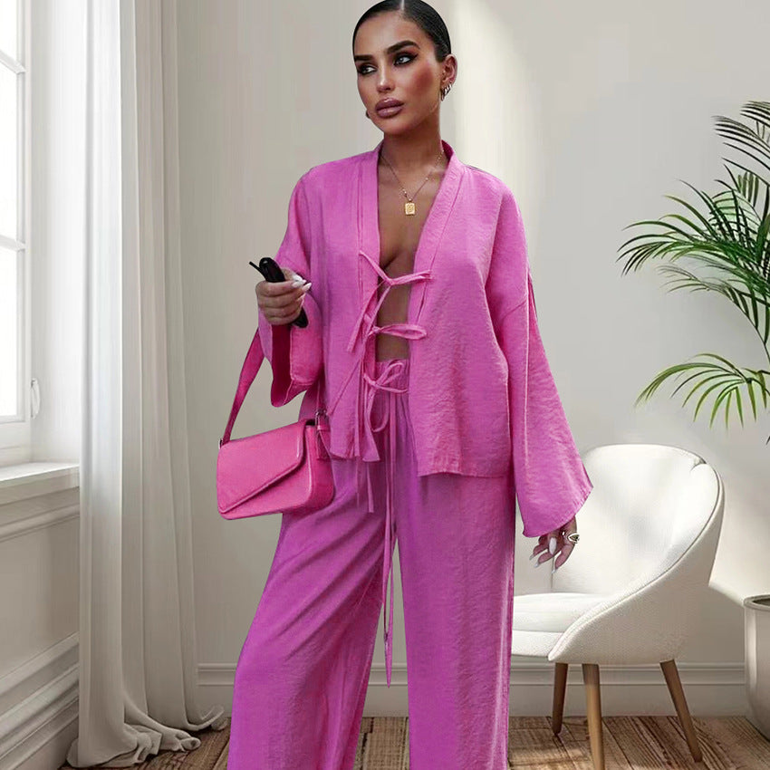 Lace-up Top And Trousers Pajamas Women's Loose Homewear - Chic Angle