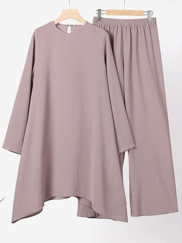 Wear Middle East Solid Color Round Neck Pullover Midi Skirt - Chic Angle