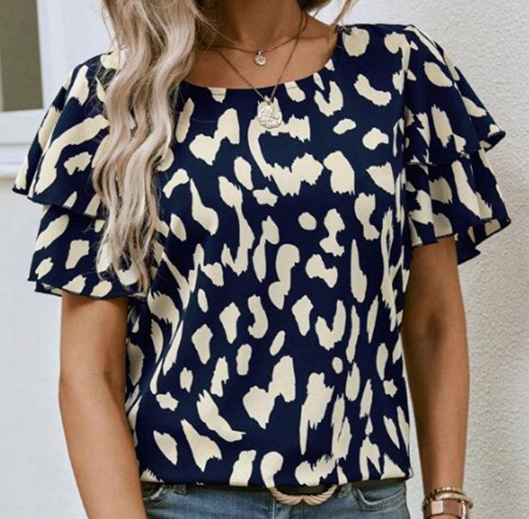 Pullover Round Neck Printed Loose Casual Short Sleeve - Chic Angle