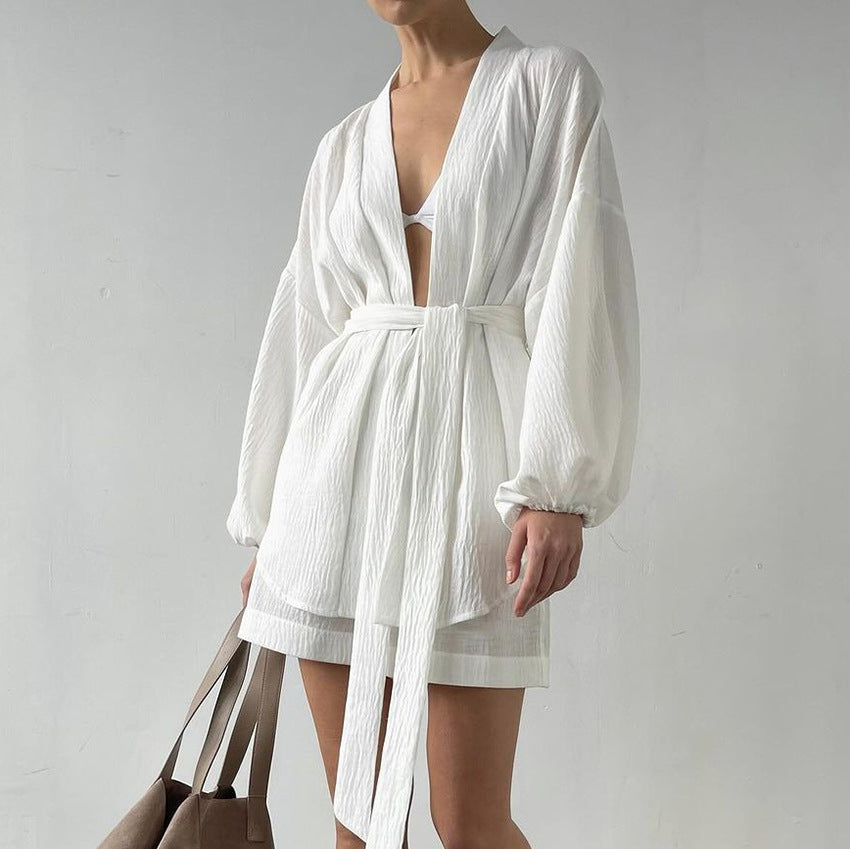 Bubble Wrinkle Cotton Women's Long-sleeved Nightgown Shorts Two-piece Set - Chic Angle