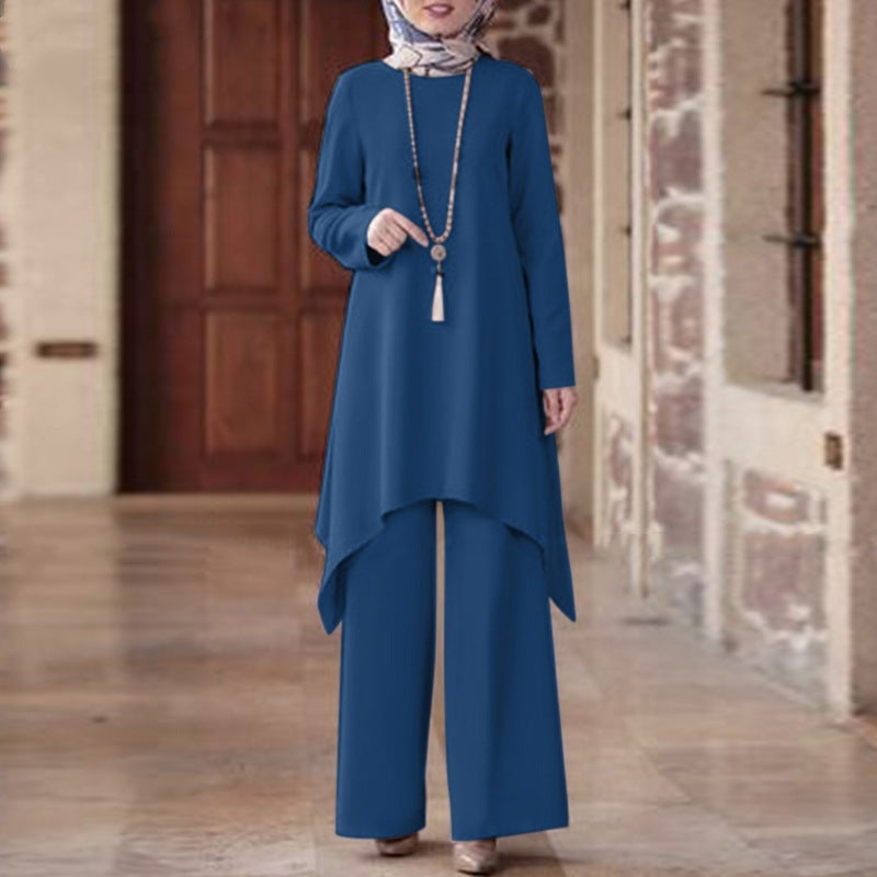 Wear Middle East Solid Color Round Neck Pullover Midi Skirt - Chic Angle