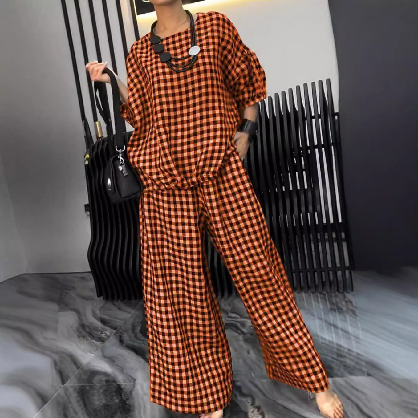 Women's Elastic Drawstring Wide-leg Pants Suit - Chic Angle