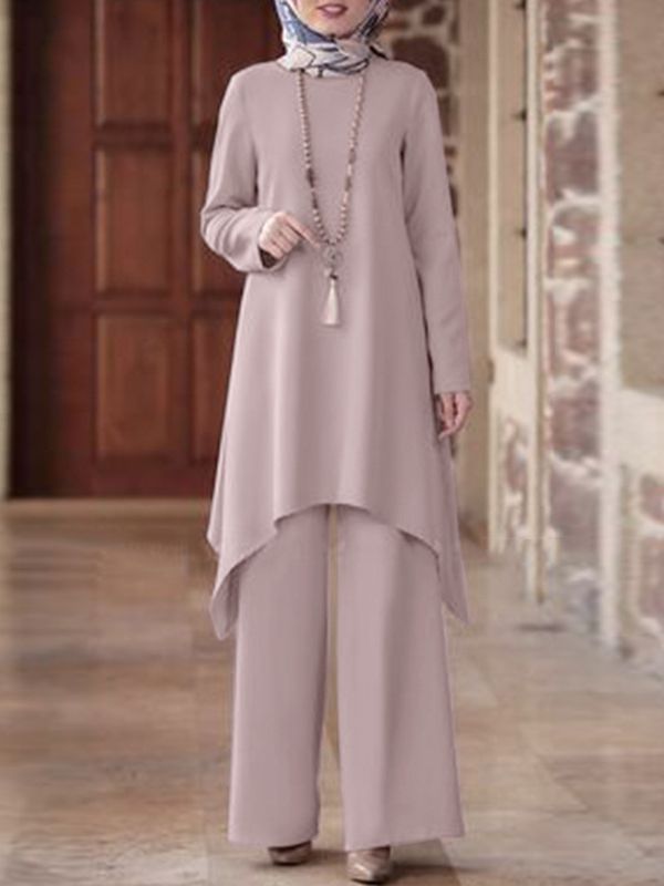 Wear Middle East Solid Color Round Neck Pullover Midi Skirt - Chic Angle