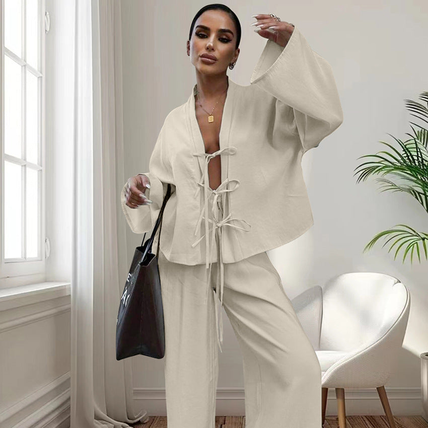 Lace-up Top And Trousers Pajamas Women's Loose Homewear - Chic Angle