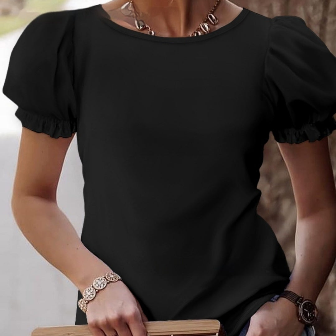 Casual Lace Stitching Tied Gift Knot Puff Sleeve Top