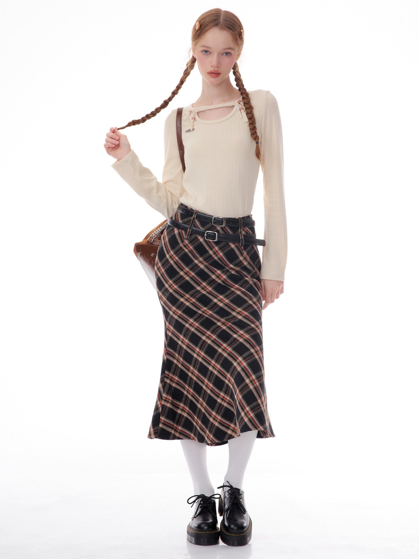 Plaid Mid Length Plaid Half Length Fishtail Skirt
