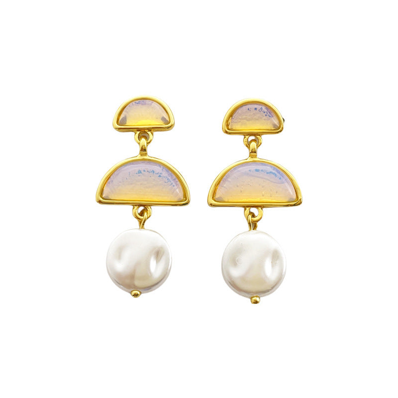 Natural Stone 925 Silver Pin Earrings Multi-layer Semicircle