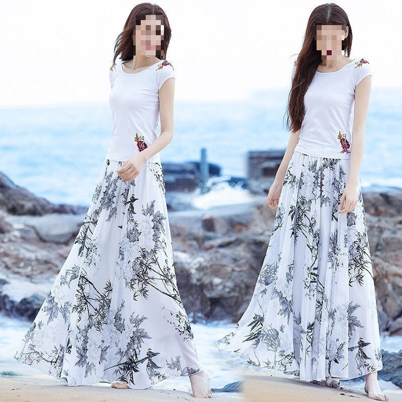 New Summer Chiffon Long Skirt Bohemian Beach Vacation Dress Mid-length Big Hem Skirt