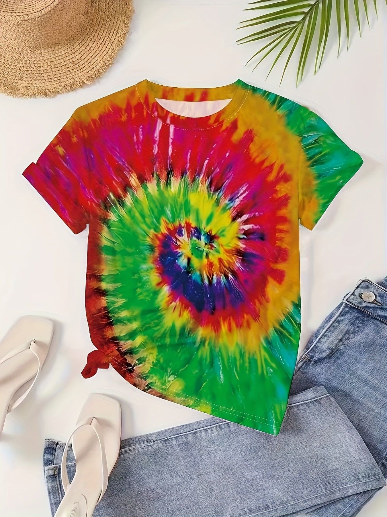 Round Neck Women's Cotton-like Short-sleeved Tie-dye T-shirt - Chic Angle